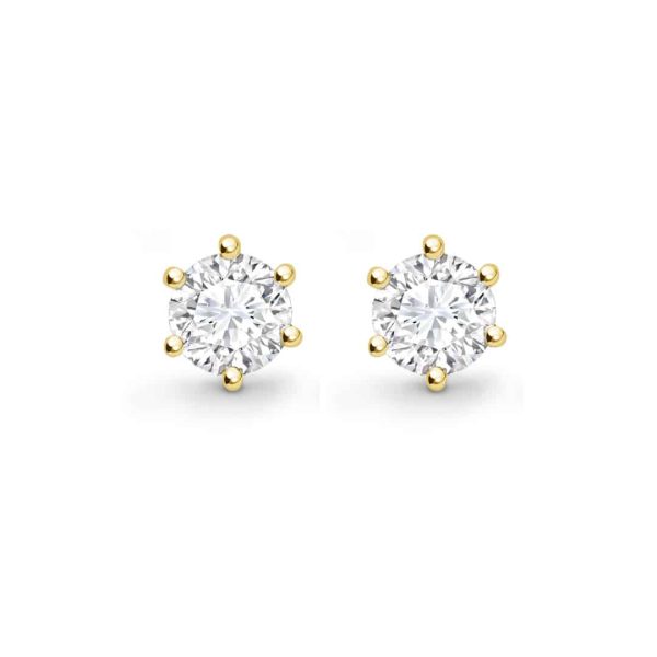 Lab Grown Brilliant Cut Diamond 6 Claw Stud Earrings in Yellow Gold